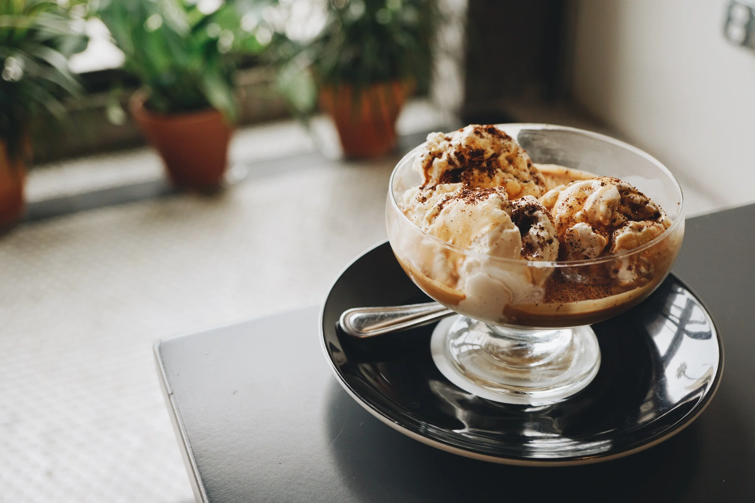 Sea Salt Affogato: Strauss organic vanilla bean ice cream, Recreational's espresso, sprinkled with espresso grounds on top and fresh cracked sea salt.