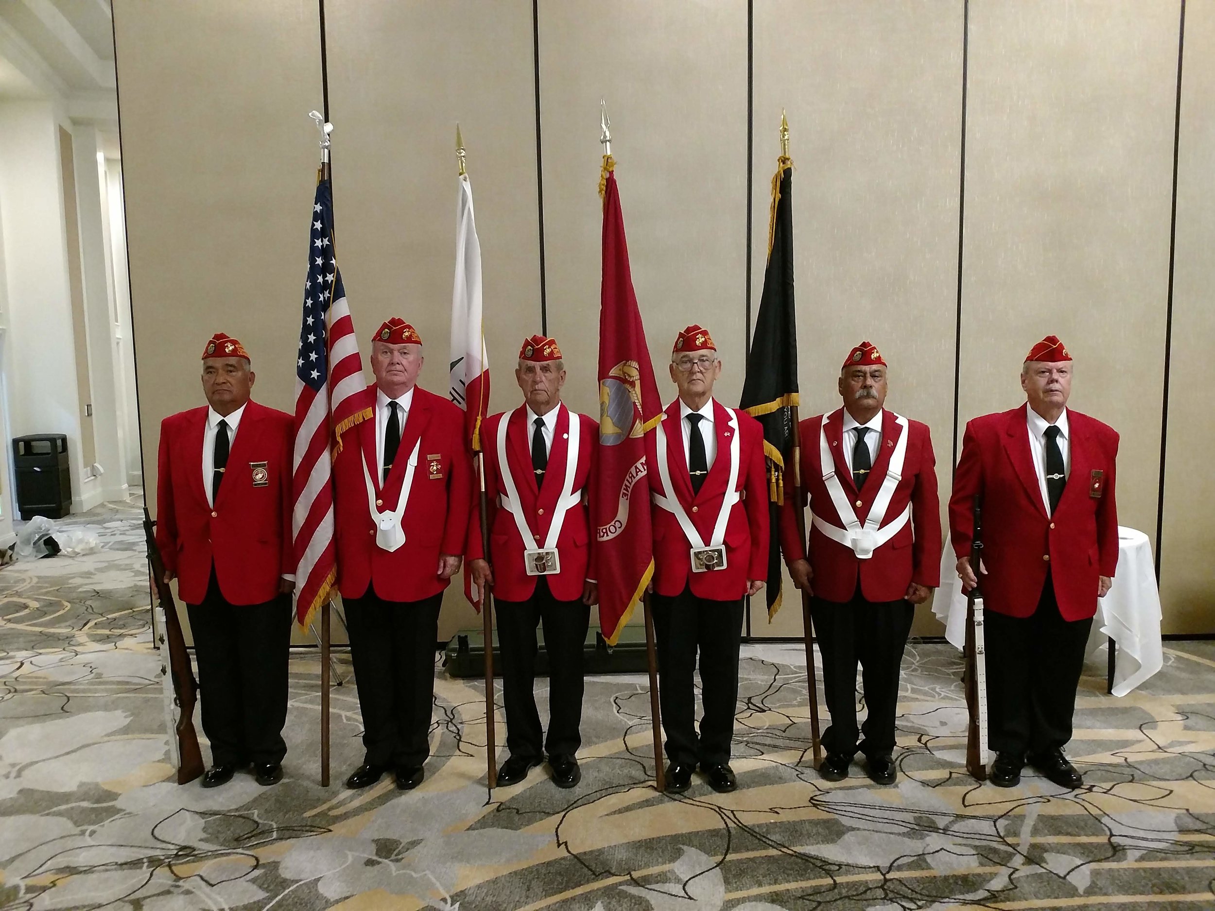 October 3, 2018 Detachment Color Guard presenting Colors at the closing banquet ceremony of the Los Angeles County Veterans Administration Fall Conference. L/R: Fausto Galvan, Dick Jennings, John Coley, Ben Pfister, Harry Hodges, and David Opfer.