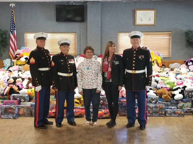 December 11, 2018 Members of the Detachment accepting over 1000 toys for our Toys for Tots campaign on December 11 at the Elks Lodge in Simi Valley. L/R: Larry Fischer, Ramon Arevalo, Keri Sears (Toy Donor), April Gisoetti (Exalted Ruler of the Elks Lodge) and Jack Parfitt.