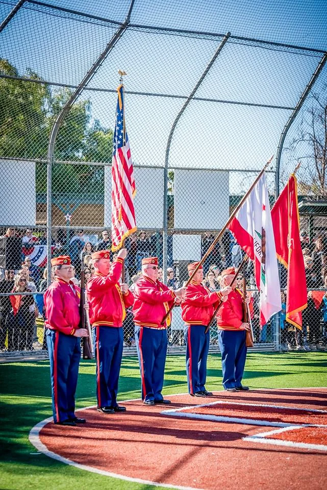 Detachment Color Guard presenting Colors at the Opening Ceremony for the Simi Youth Baseball League on the 23rd of February. L/R: Ken "Doc" Honaker, Brent Kast, Dick Jennings, Ben Pfister and Dave Opfer