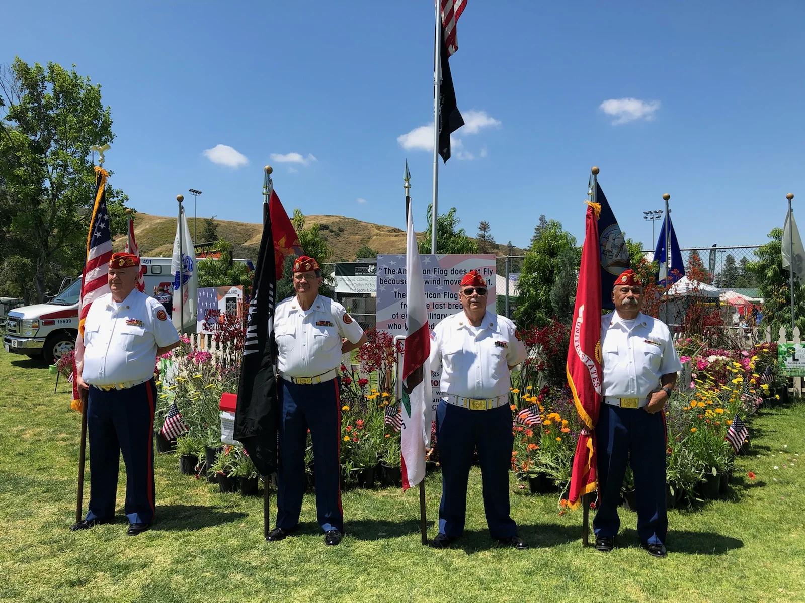 May 25, 2019 Detachment 597 Color Guard presenting Colors at the 30th Cajun & Blues Music Festival. L/R: Dick Jennings, Ken "Doc" Honaker, Dave Opfer and Harry Hodges.