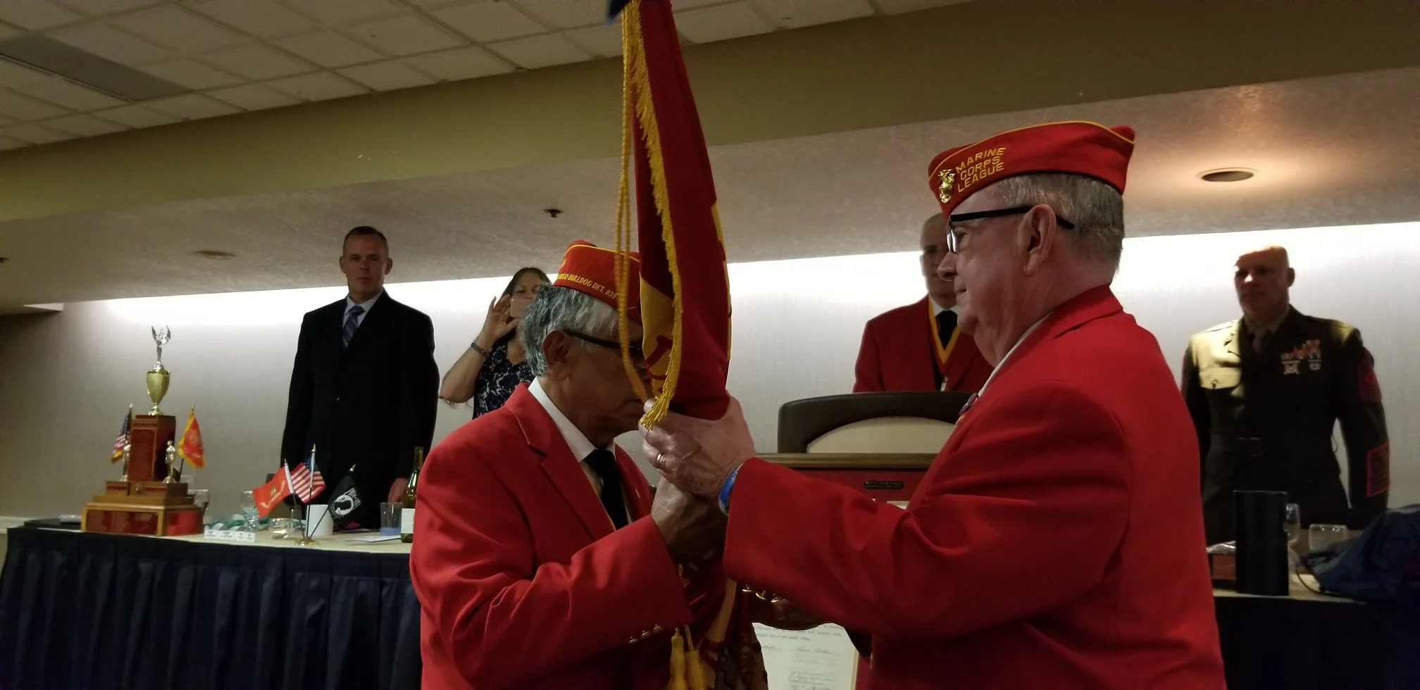June 8, 2019 Change of Command Ceremony at the Marine Corps League Department of California 87th State Convention in San Diego on the 8th of June. On the left is outgoing State Commandant Ray Valenzuela and on the right is incoming State Commandant from Simi Valley, Dick Jennings