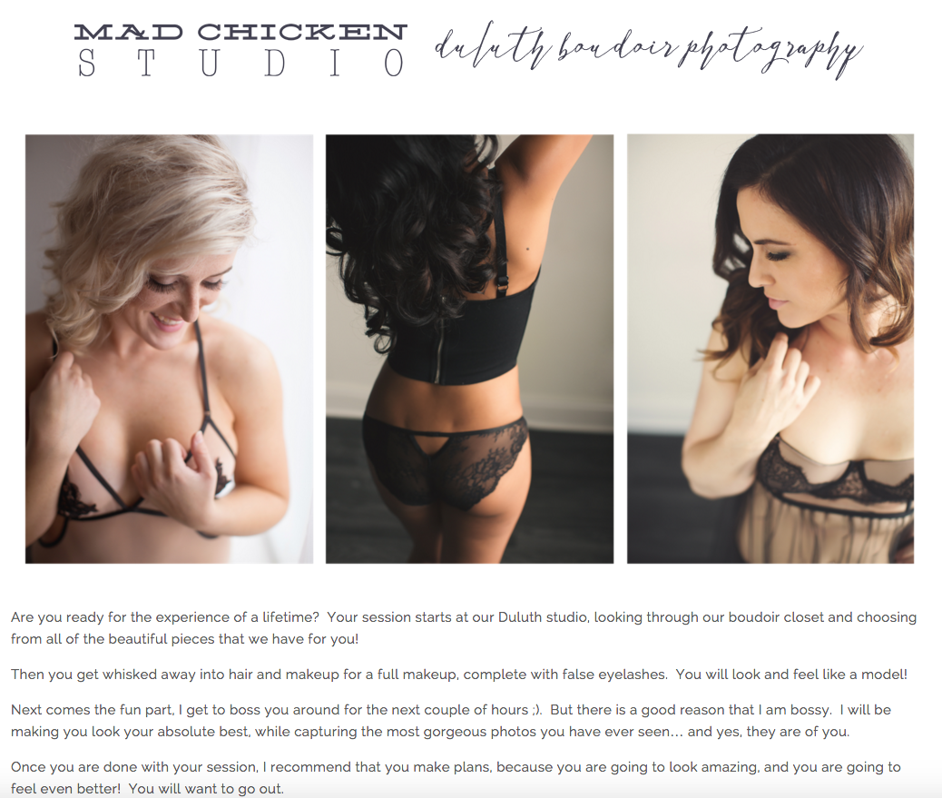 Duluth Boudoir Photography | Mad Chicken Studio | Website Design by Heather Sharpe of The Editor's Touch
