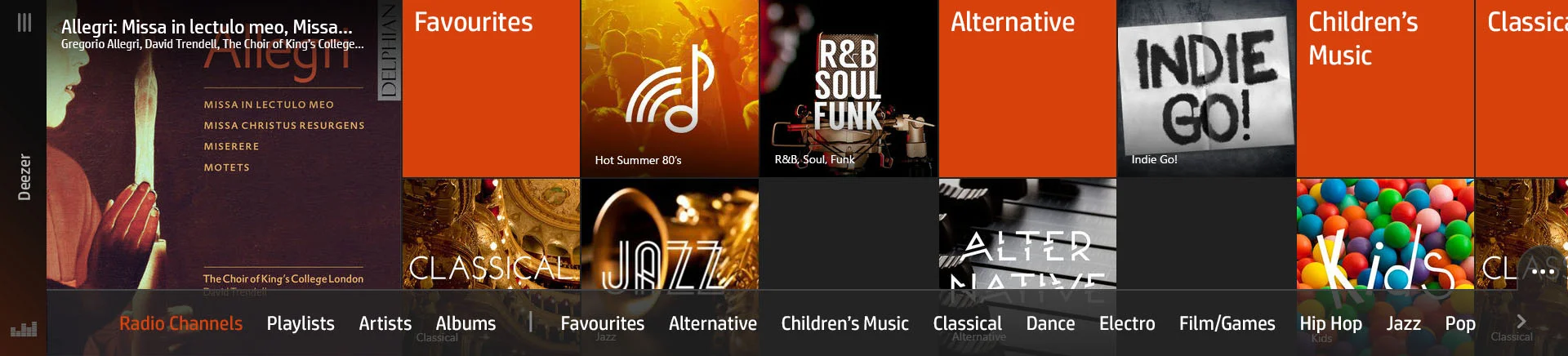 Popup navigation for jumping to a specific music genre for Deezer Radio. 