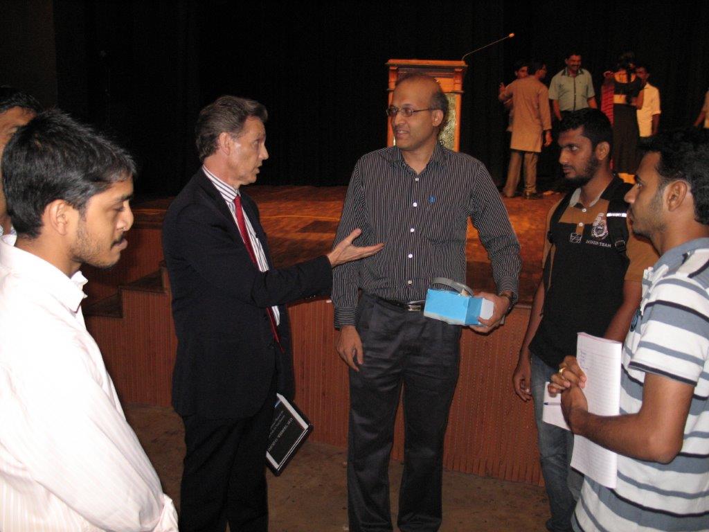 David Wiebers, M.D., during Q&A session after the Theory of Reality presentation at Mangalore University.