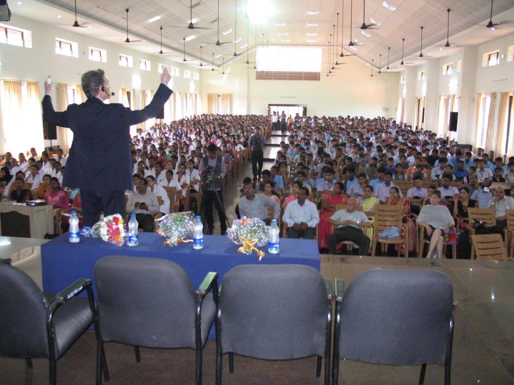 David Wiebers, M.D., presenting Theory of Reality talk at Alva's Institute of Engineering & Technology outside of Mangalore, India.