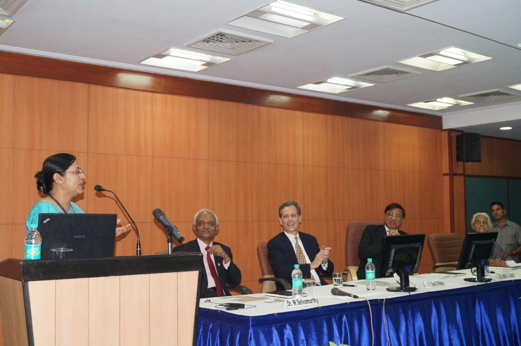 David Wiebers, M.D., being introduced at Amity University Delhi campus to deliver his Theory of Reality presentation on November 9, 2015.