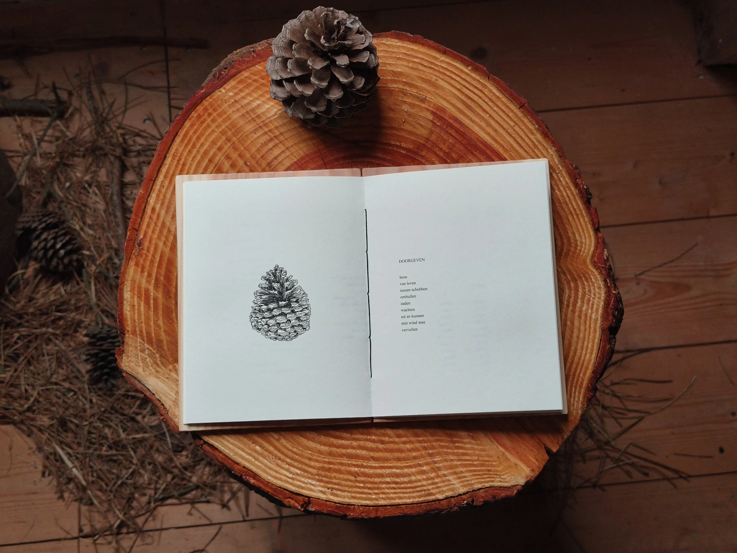  For this challenge, I also created my own poetry bundle—one where all the senses are triggered. I decided to use wood as a hard cover for my bundle, bringing feeling and smell into the reading experience. It also felt right to bring the paper I prin