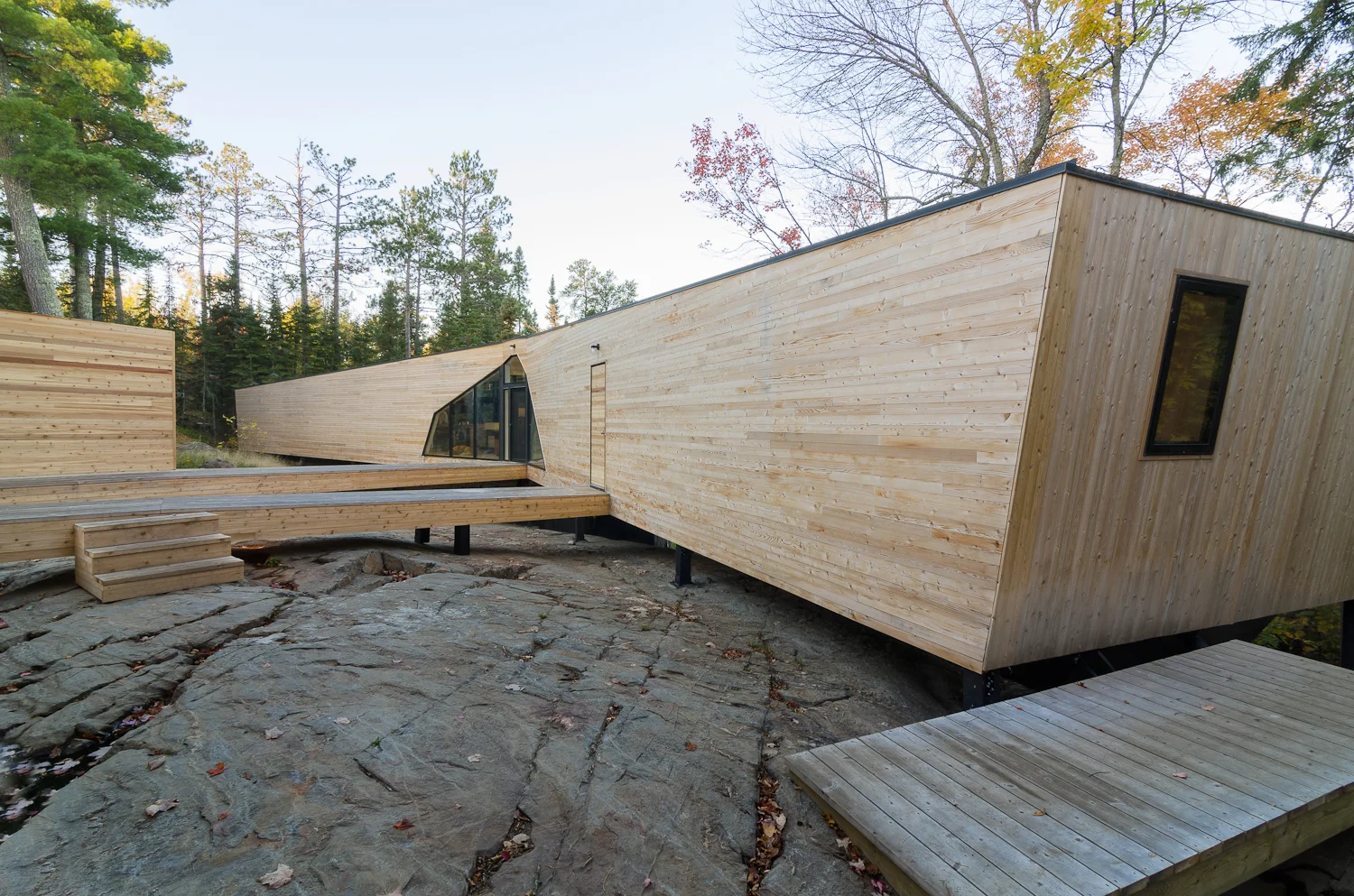  Private living spaces occupy the far ends of the modules, where the end walls angle toward the tree canopy. 