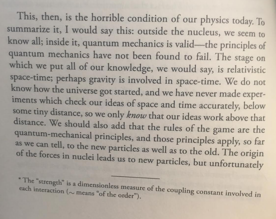 The horrible condition of physics today for Feynman. We barely know what we don’t know, and we don’t know how far we have to go.