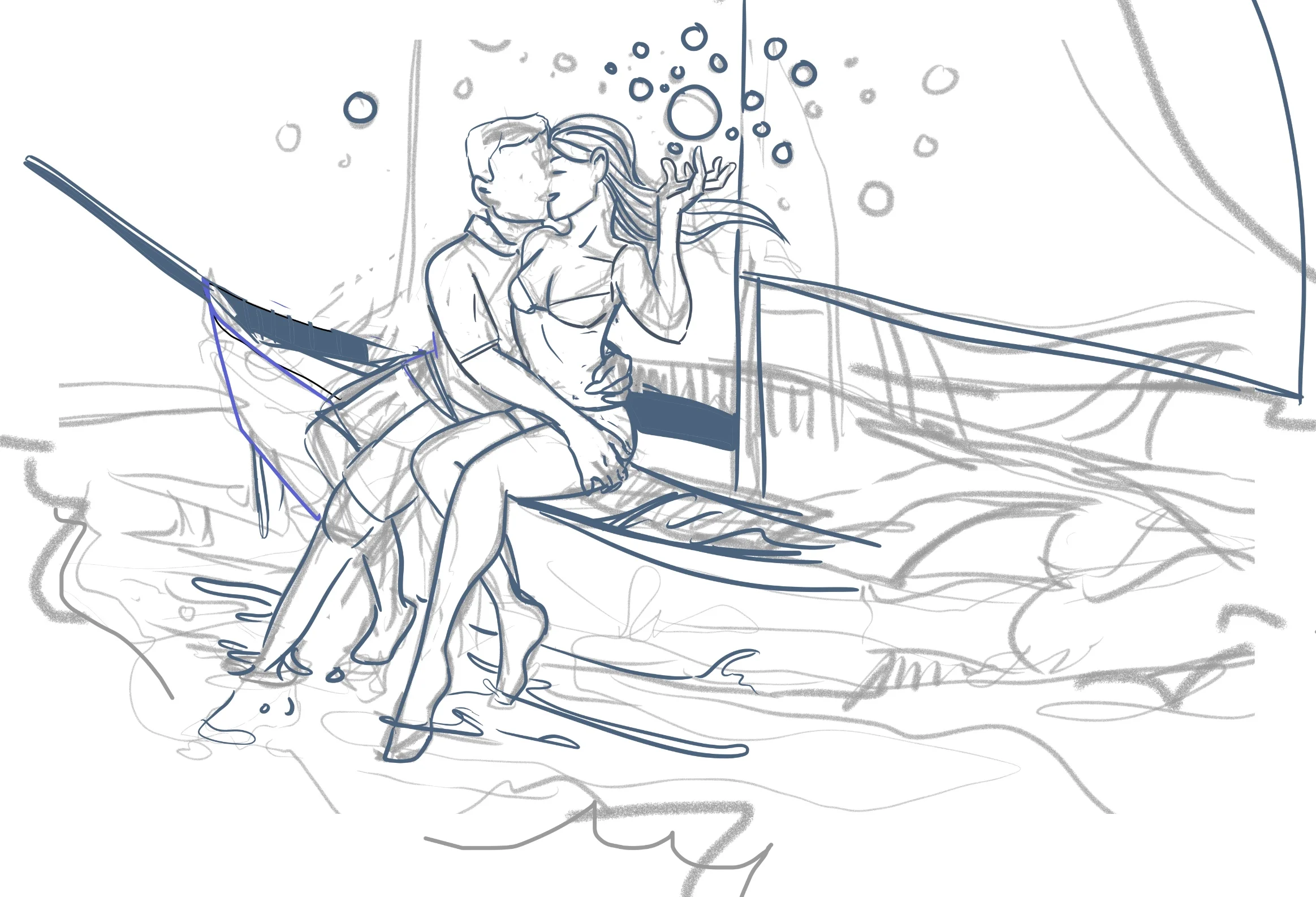 I definitely had to actively give no fucks when I sketched this romantic sailboat scene. There was a nagging part of me that was trying to give too many fucks, saying: “Why are they on a sailboat? That’s not how a sailboat works! Why is she controlling orbs? What?”