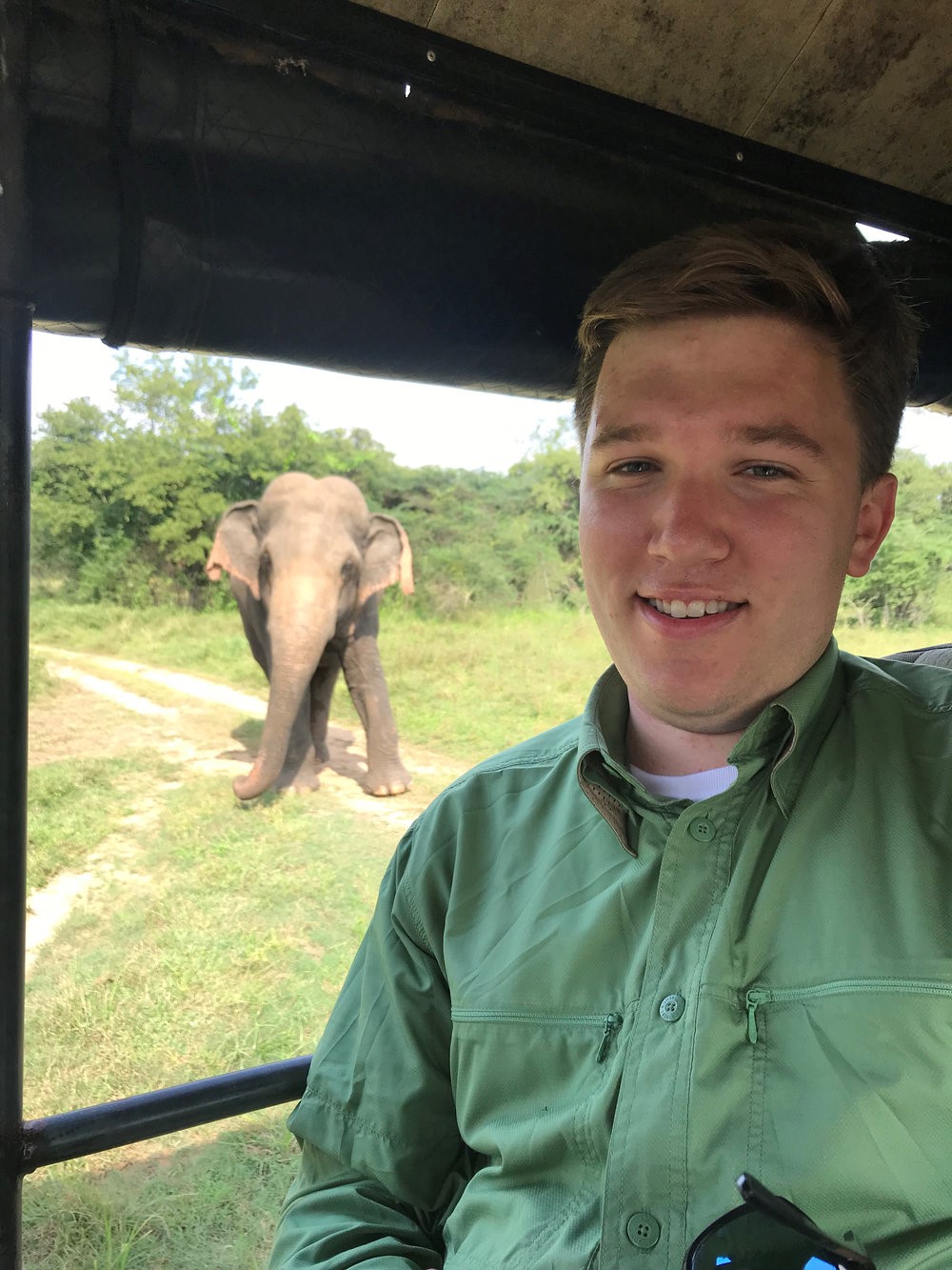 A special moment: Kevin & Chase : Kevin approaches our vehicle and just watches us for a bit. Wasgamuwa National Park, 21 January 2019. Photo Chase Ladue