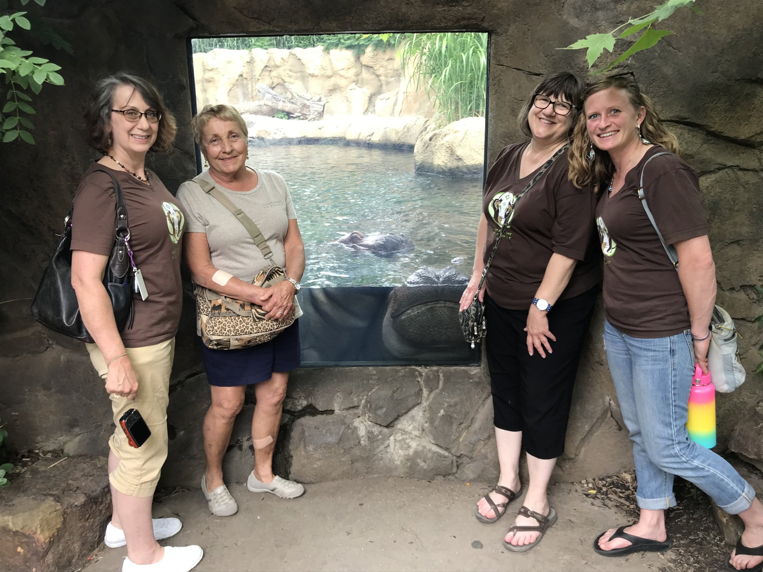 AES Board Members: Barbara Davis, Linda Reifschneider, hippos Fiona and her mother Bibbi, Janet Dray, Christine DelTurco