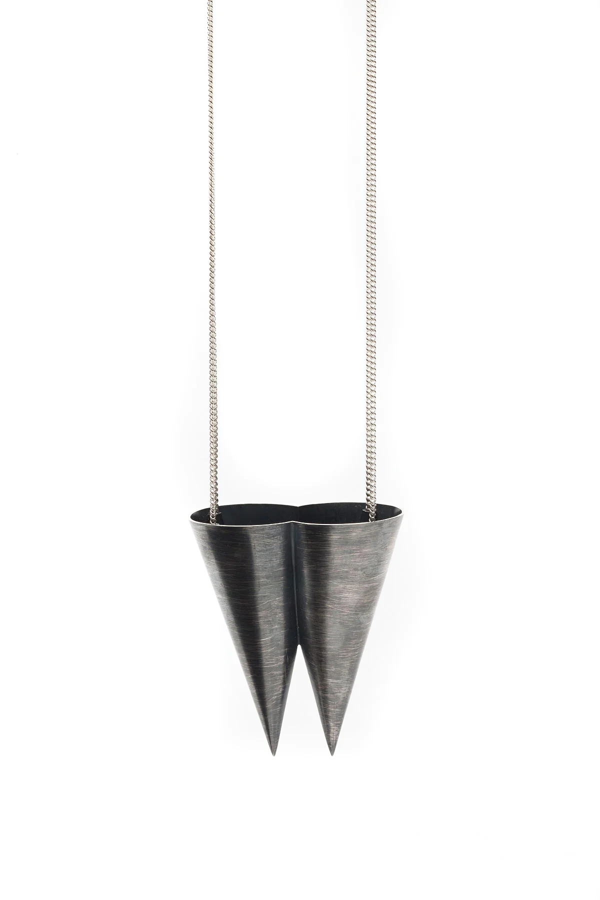double cones necklace, hand raised oxidised sterling silver