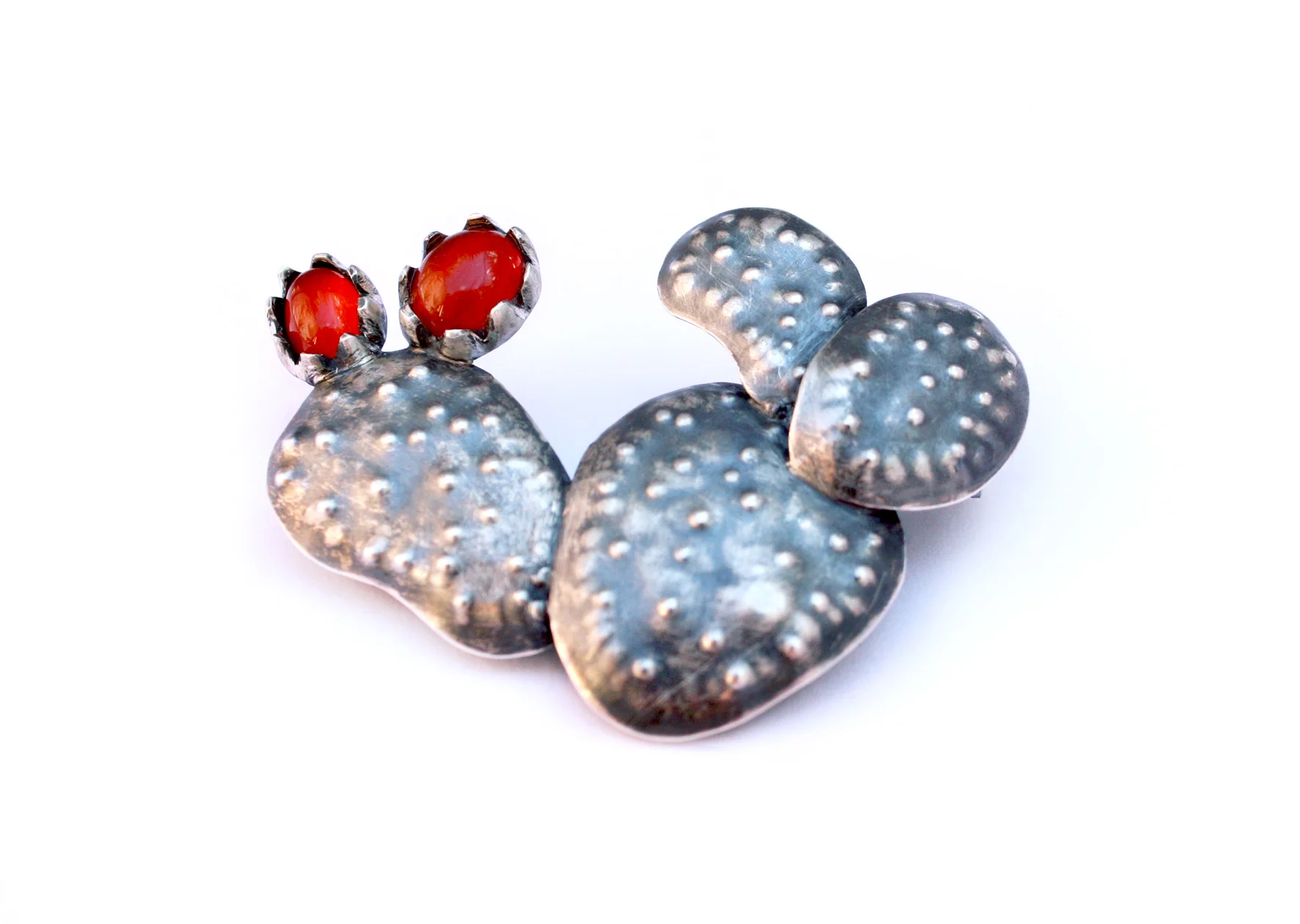 prickly pear brooch with fruit, oxidised sterling silver & carnelian