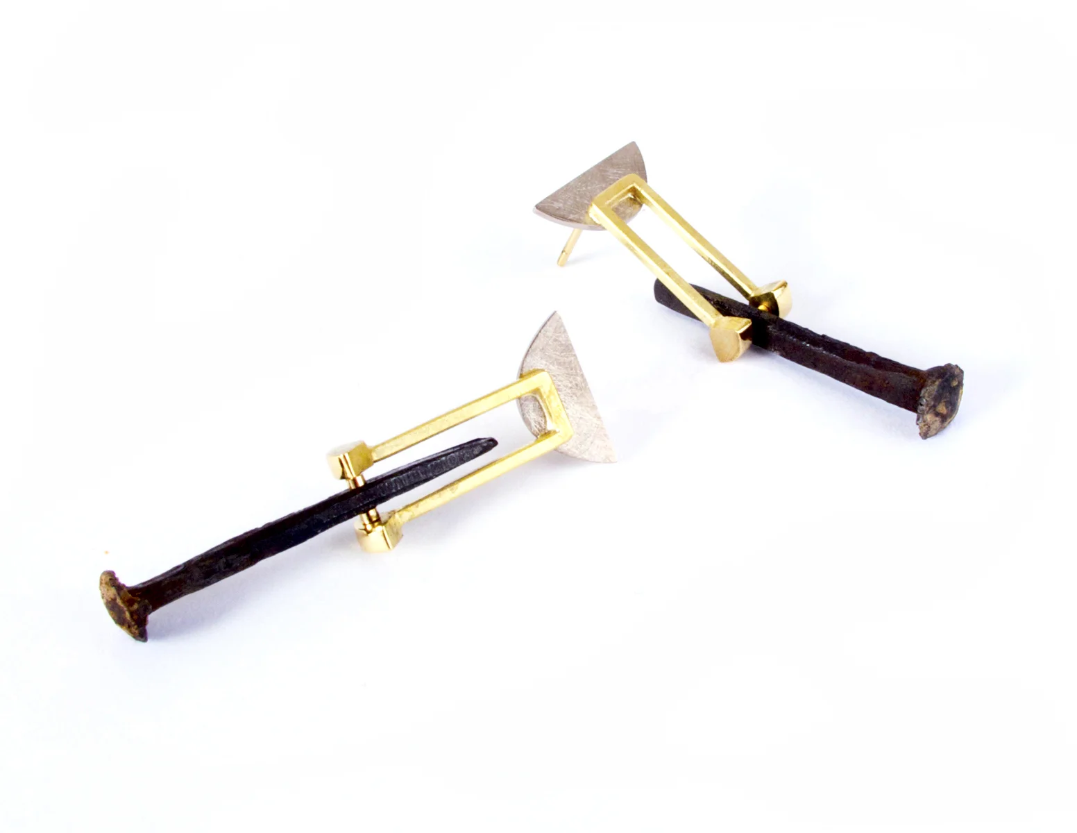 art deco nail drops, 18ct yellow & white gold with antique steel nails