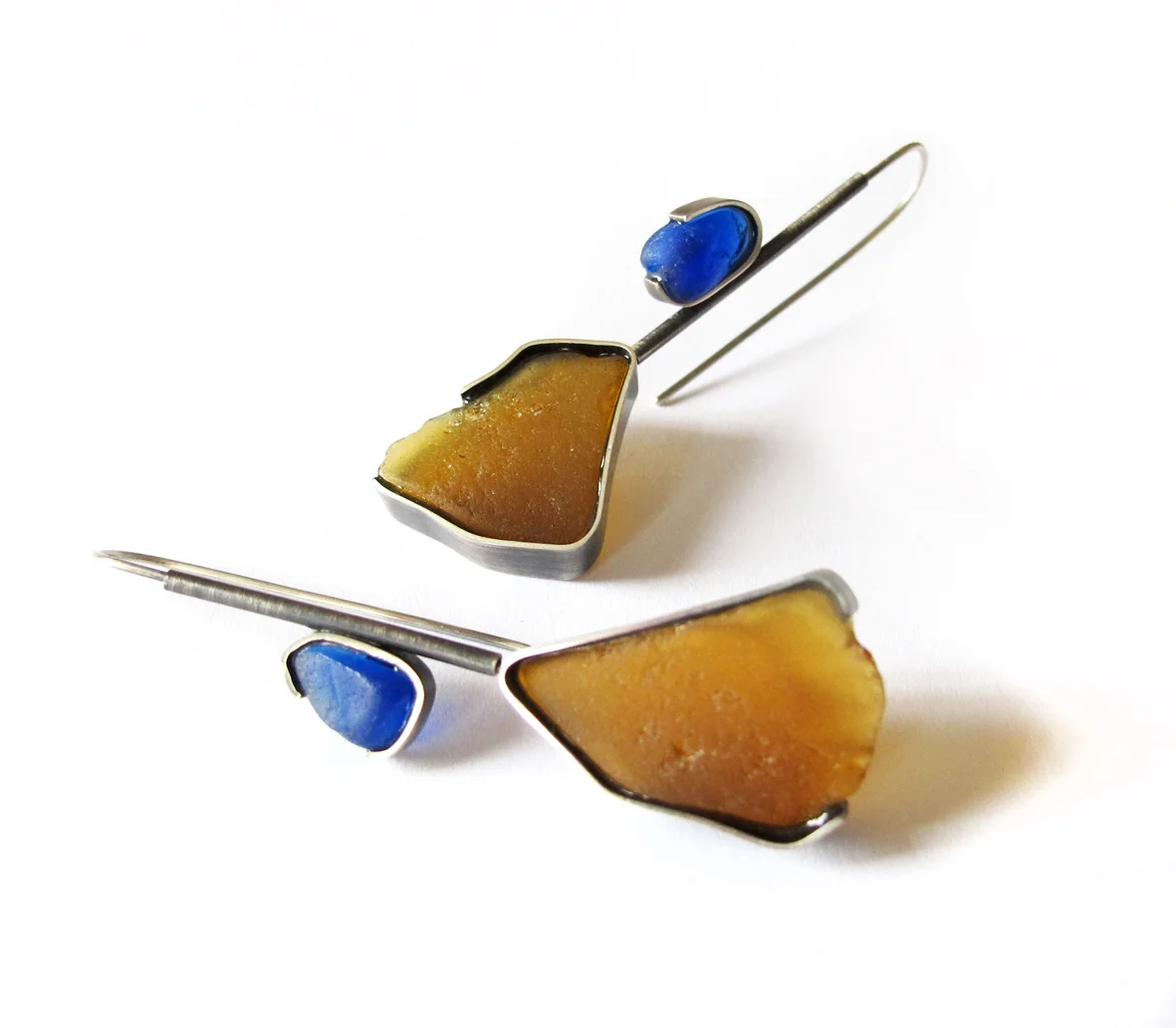 double beach glass drops, sterling silver