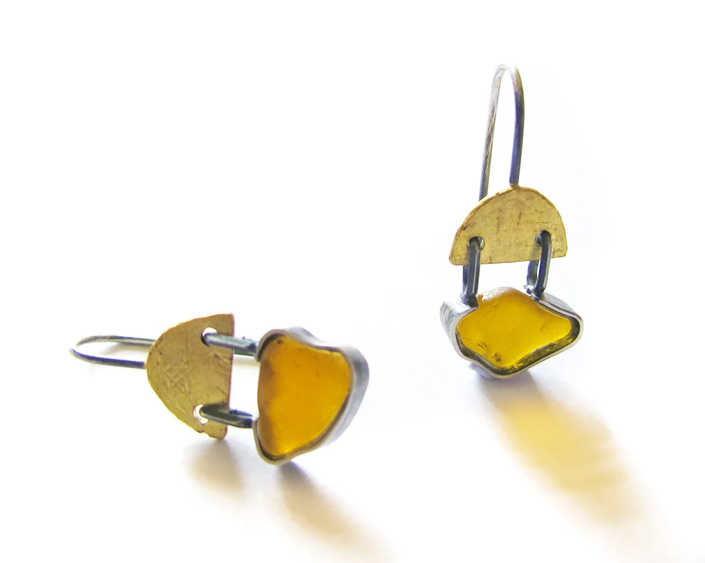 golden beach glass sun drops, 18ct yellow gold & sterling silver