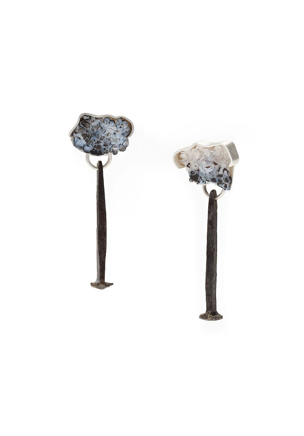 small snow (transference exhibition) sterling silver, antique nails, fused glass