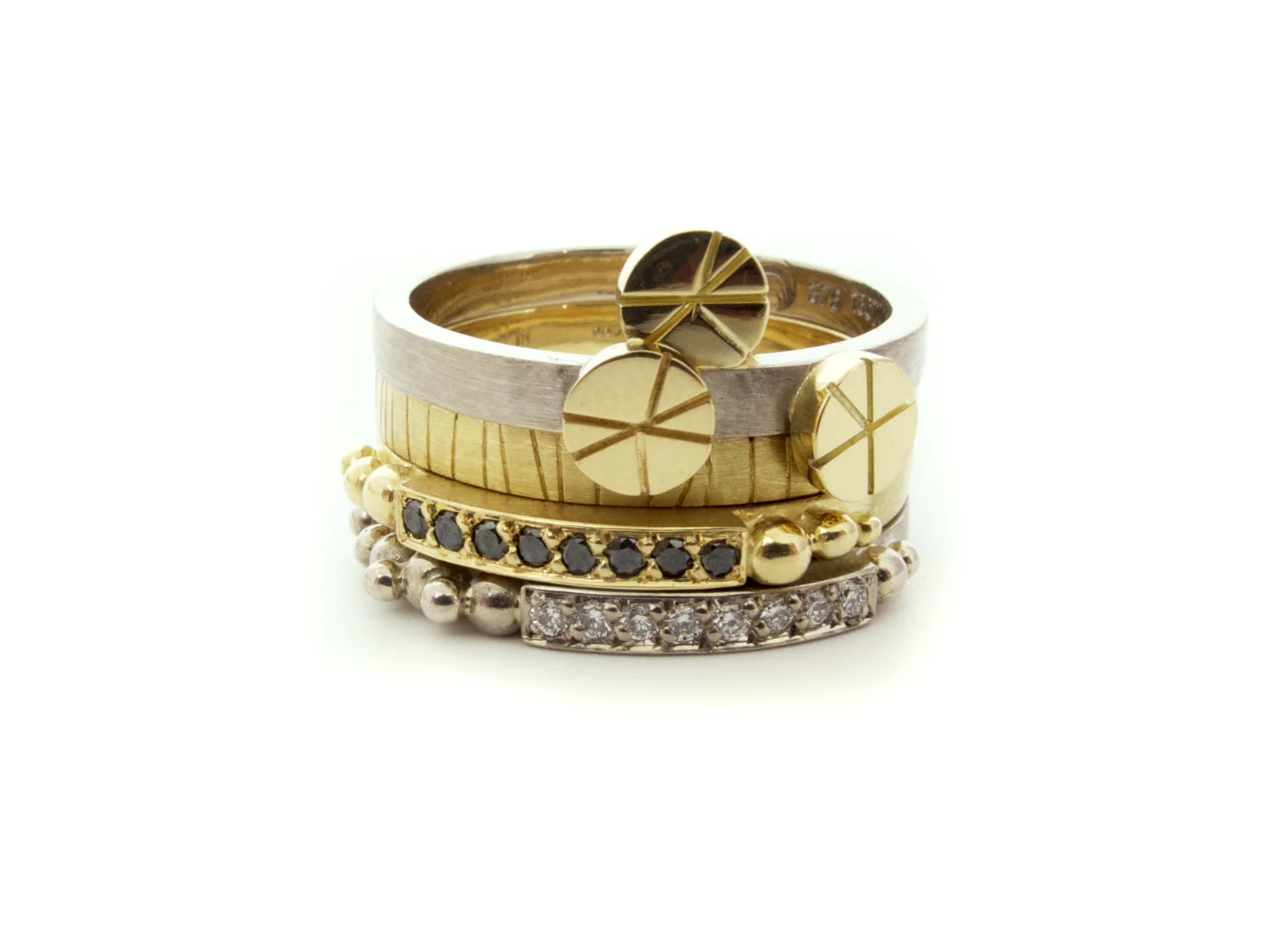 ring stack, 18ct yellow & 9ct grey gold, diamonds