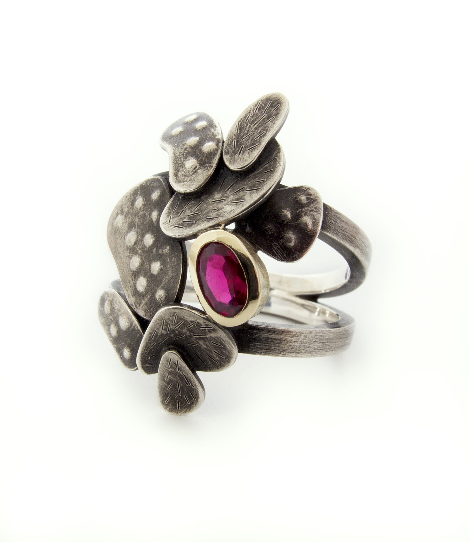 prickly pear cluster with ruby fruit, oxidised sterling silver & 9ct yellow gold