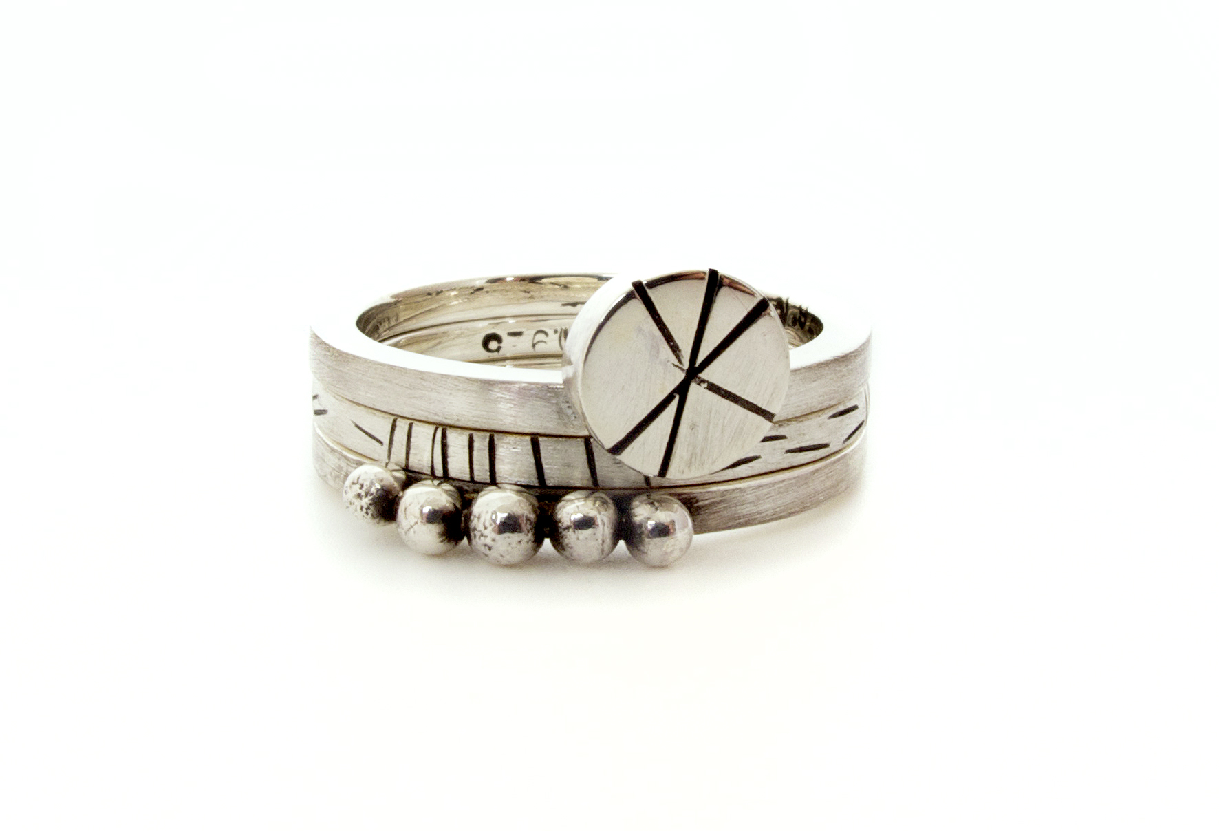 granules, star disc & fine lines ring stack set, in sterling silver