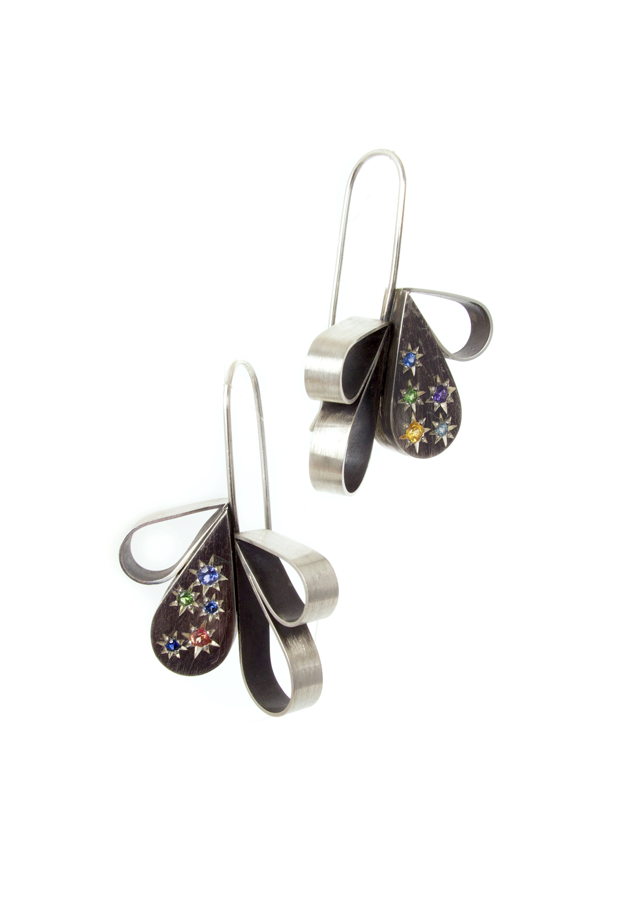 petal drop earrings with multi toned sapphires & green garnet