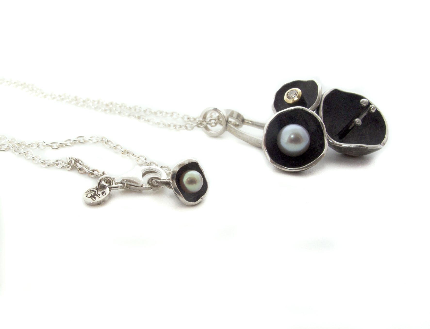 grey pearls & cognac diamond gumnut pendant, sterling silver & 18ct yellow gold