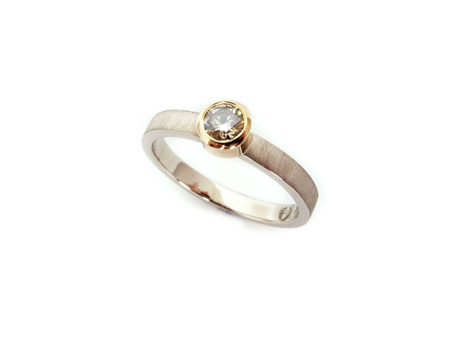 champagne diamond solitaire bezel set, 9ct grey gold & rose gold