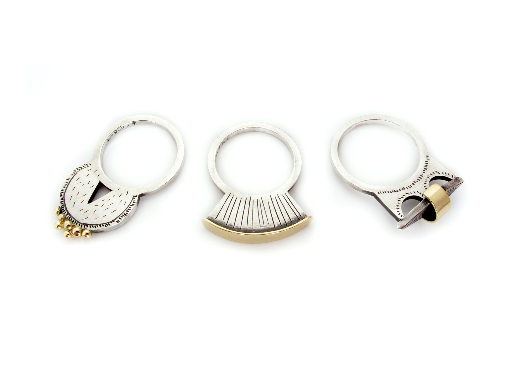 And to finish, these 3 modern African tribal rings. With these I was given total design freedom, in fact even the intended owner had no idea what they were going to look like - so much fun! Made in sterling silver with 18ct yellow gold.