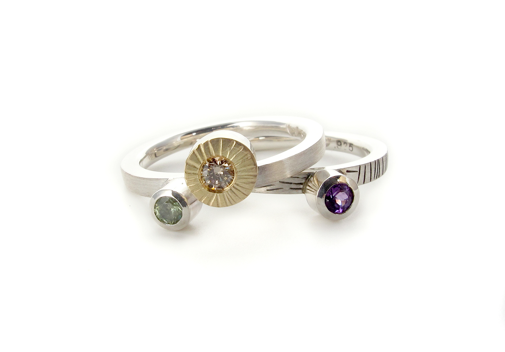 sterling silver & 18ct yellow gold with champagne diamond, demantoid garnet & amethyst