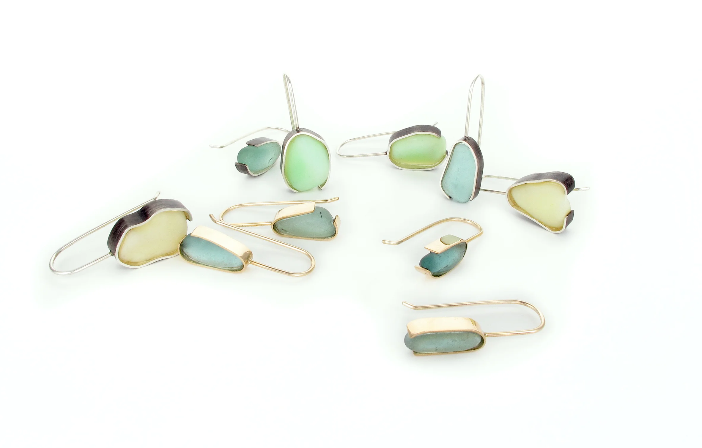 mixed beach glass earrings in sterling silver & 9ct yellow gold