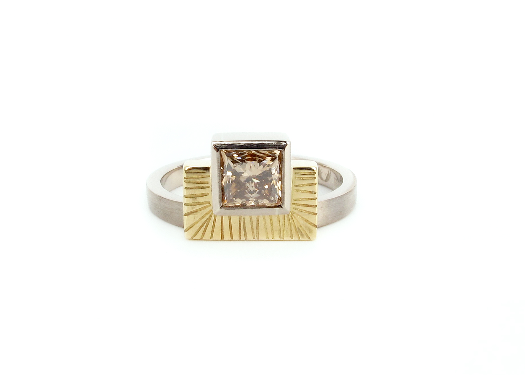 Princess cut champagne Argyle diamond in 18ct white & yellow gold