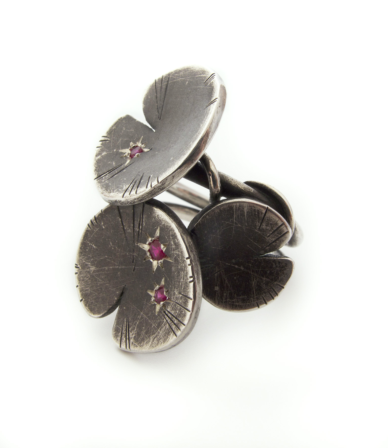 ruby lilypad ring in oxidised sterling silver