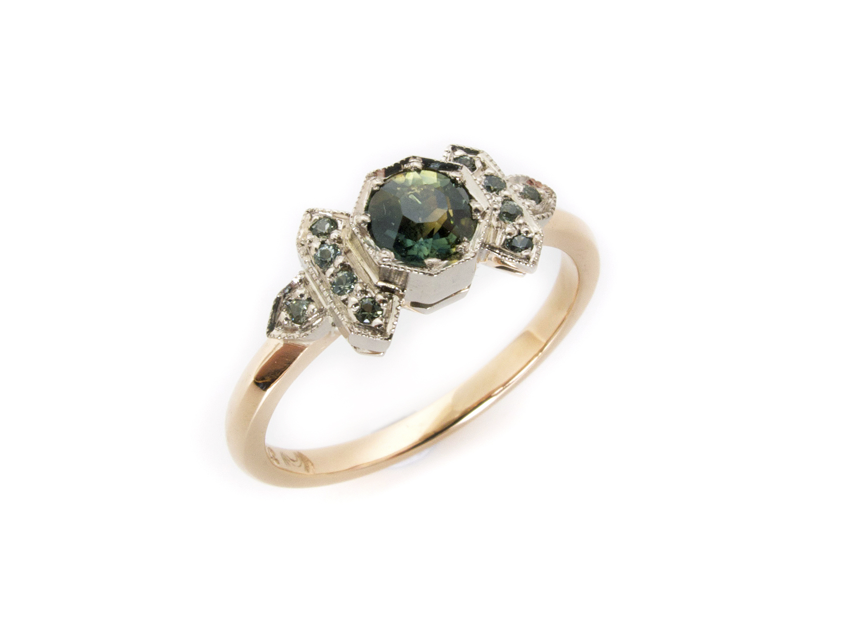 green sapphire art deco style ring in 9ct rose & white gold