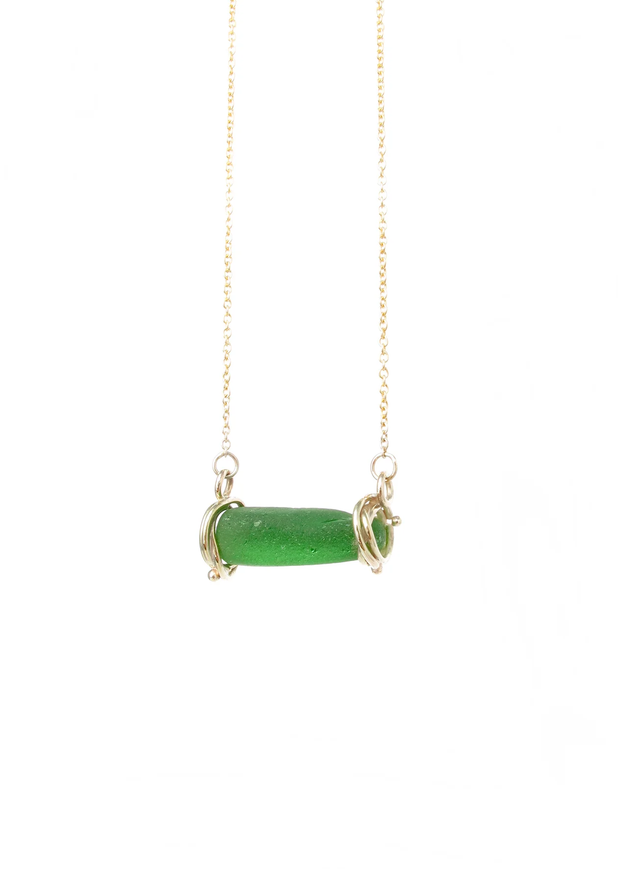green beach glass bar necklace in 9ct yellow gold