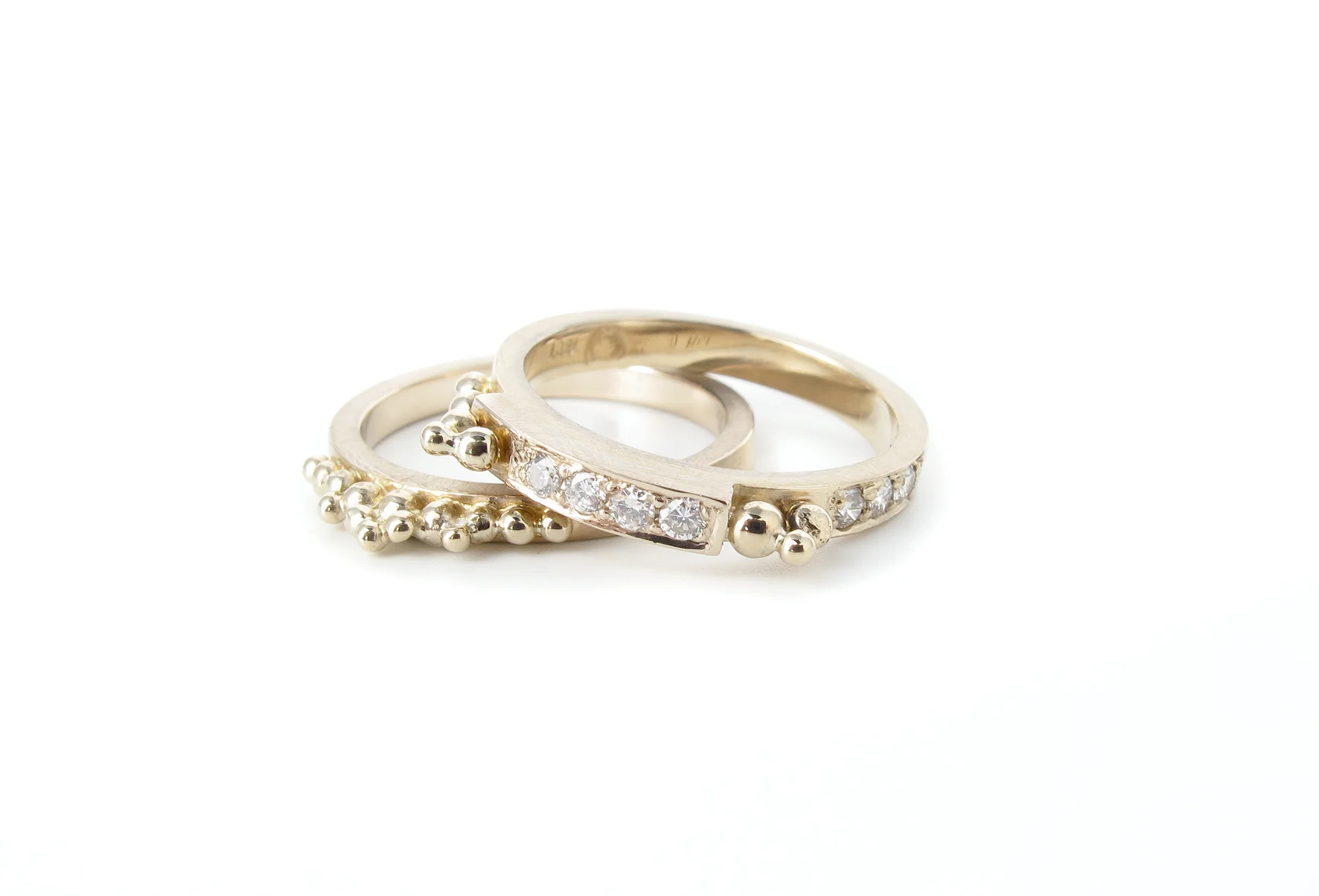 granule rings, 18ct recycled white gold, recycled diamonds