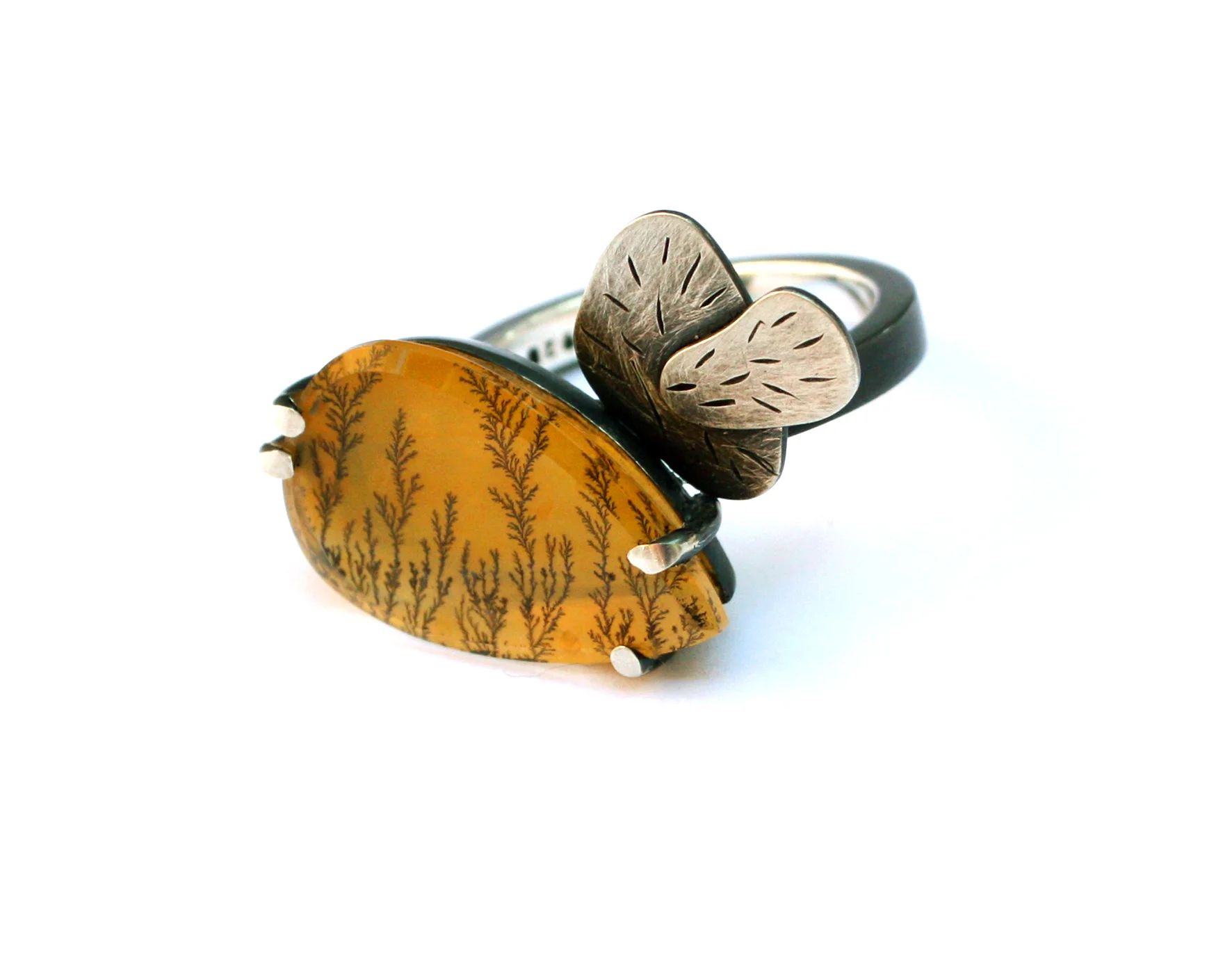 dendritic agate prickly pear ring in sterling silver