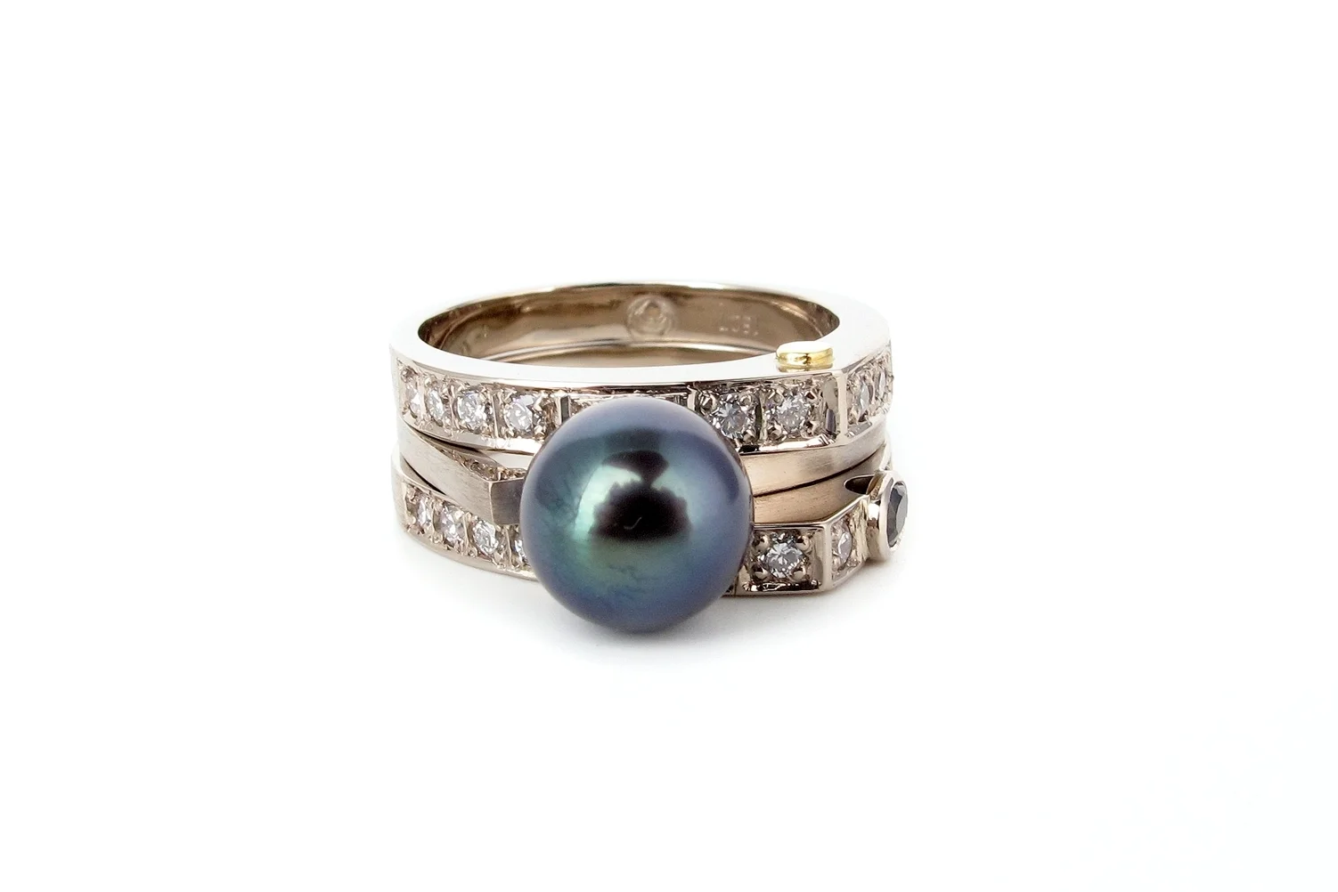 Akoya black pearl, Argyle diamonds, parti sapphire 18ct white gold ring set
