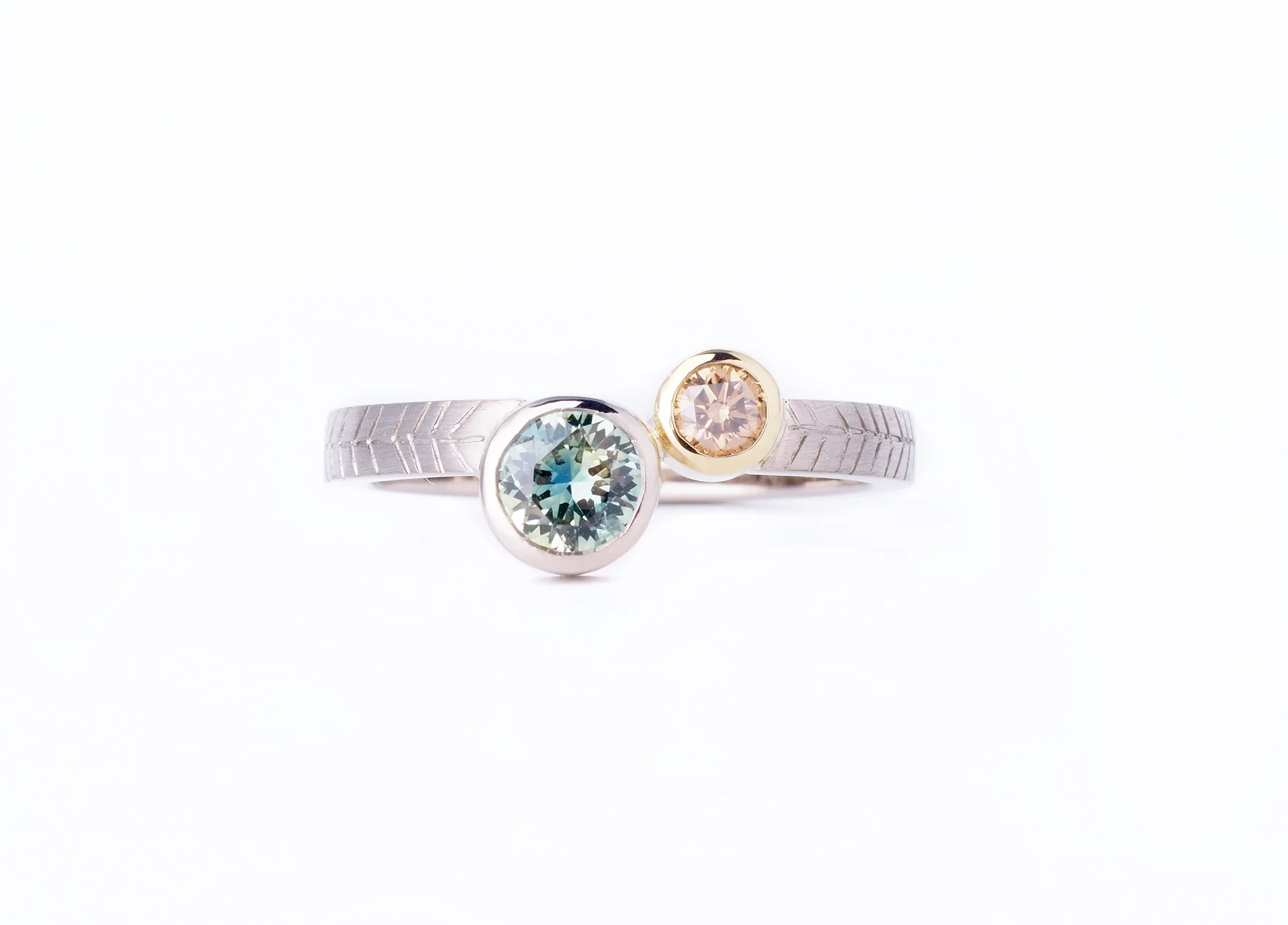 Australian parti sapphire & Argyle champagne diamond, wheat stamping, 18ct white & yellow gold