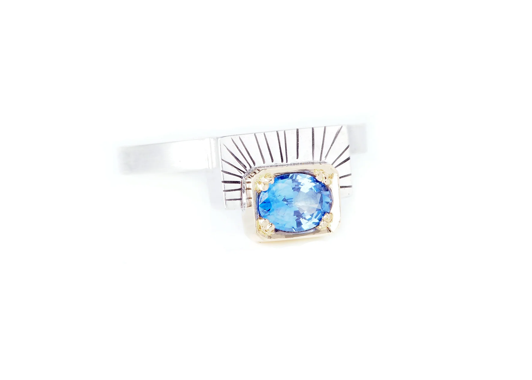 modern Deco ring with heirloom oval sapphire, in sterling silver & 18ct yellow gold