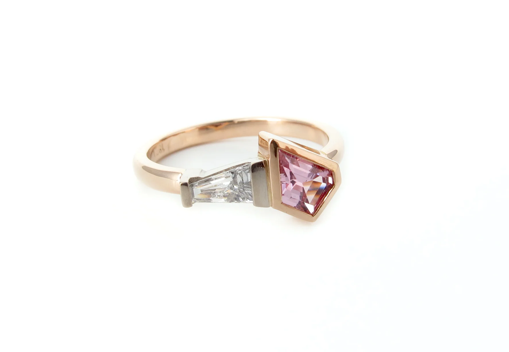 18ct rose gold and 18ct white gold, freeform pink sapphire and white diamond