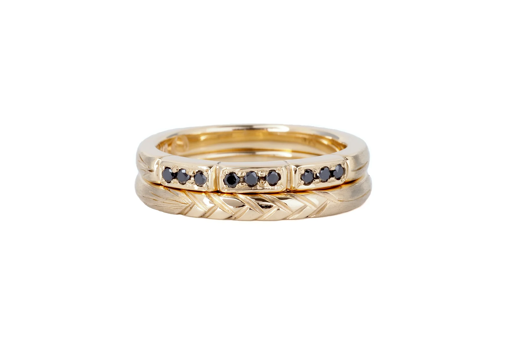 black diamond carved wheat stacked rings in 9ct yellow gold