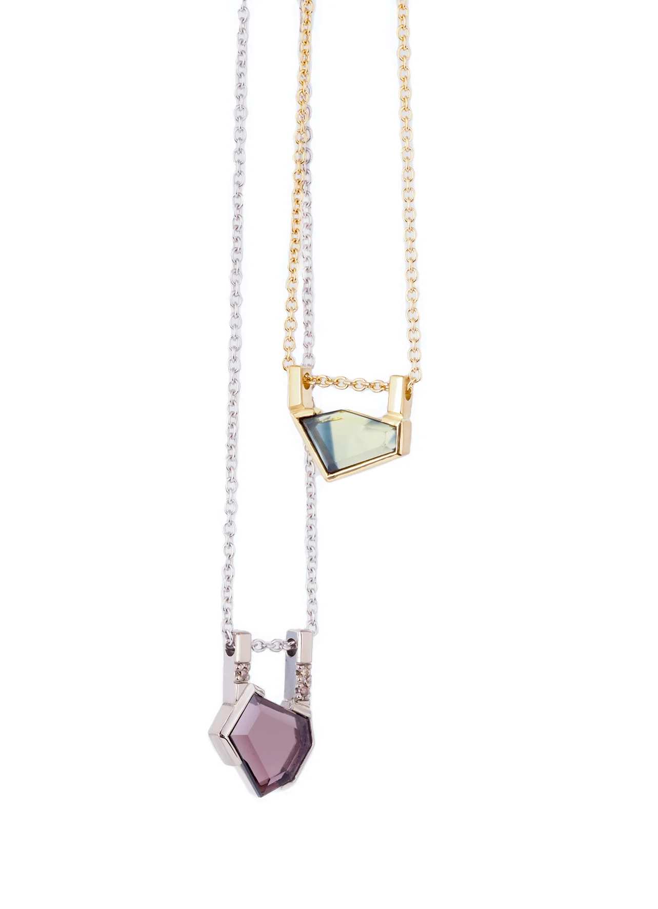 agility necklaces, plum spinel & argyle diamond in 9ct white gold; parti sapphire in 18ct yellow gold