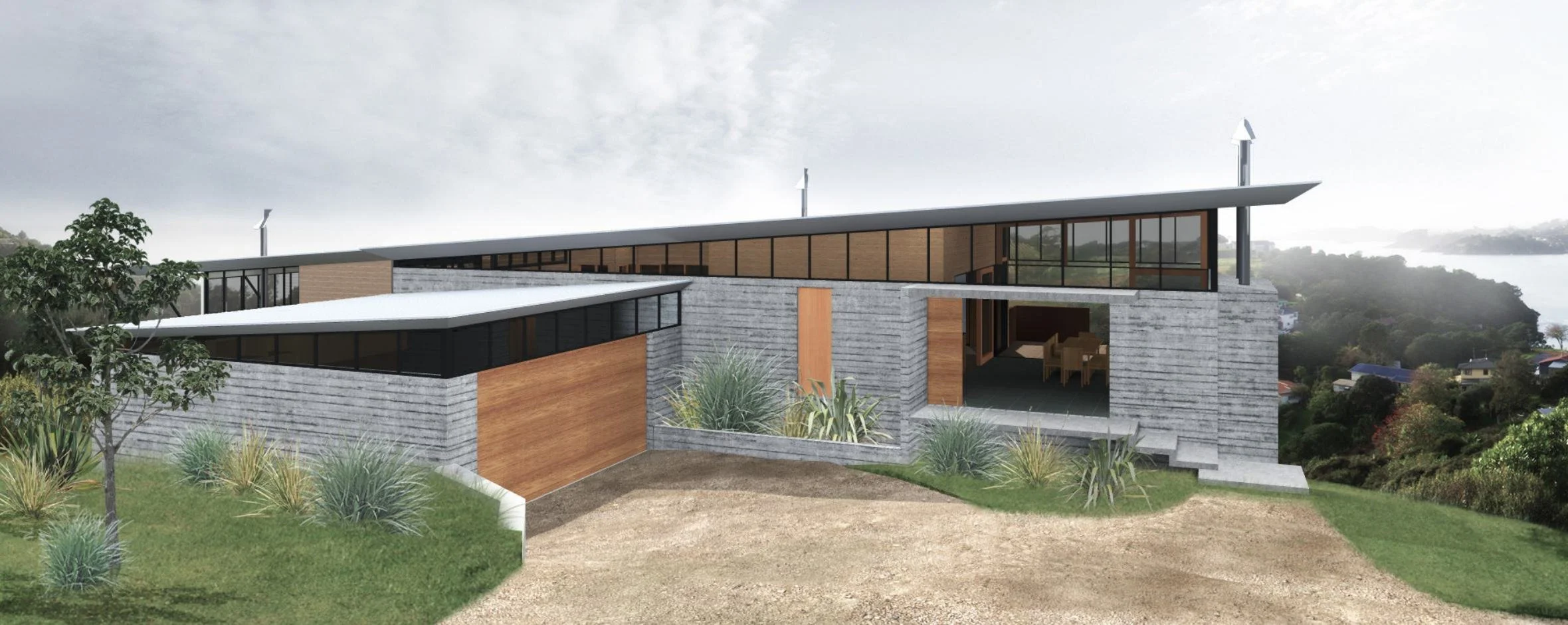 A modern house with a flat roof and large glass windows, surrounded by greenery and set on a hillside.