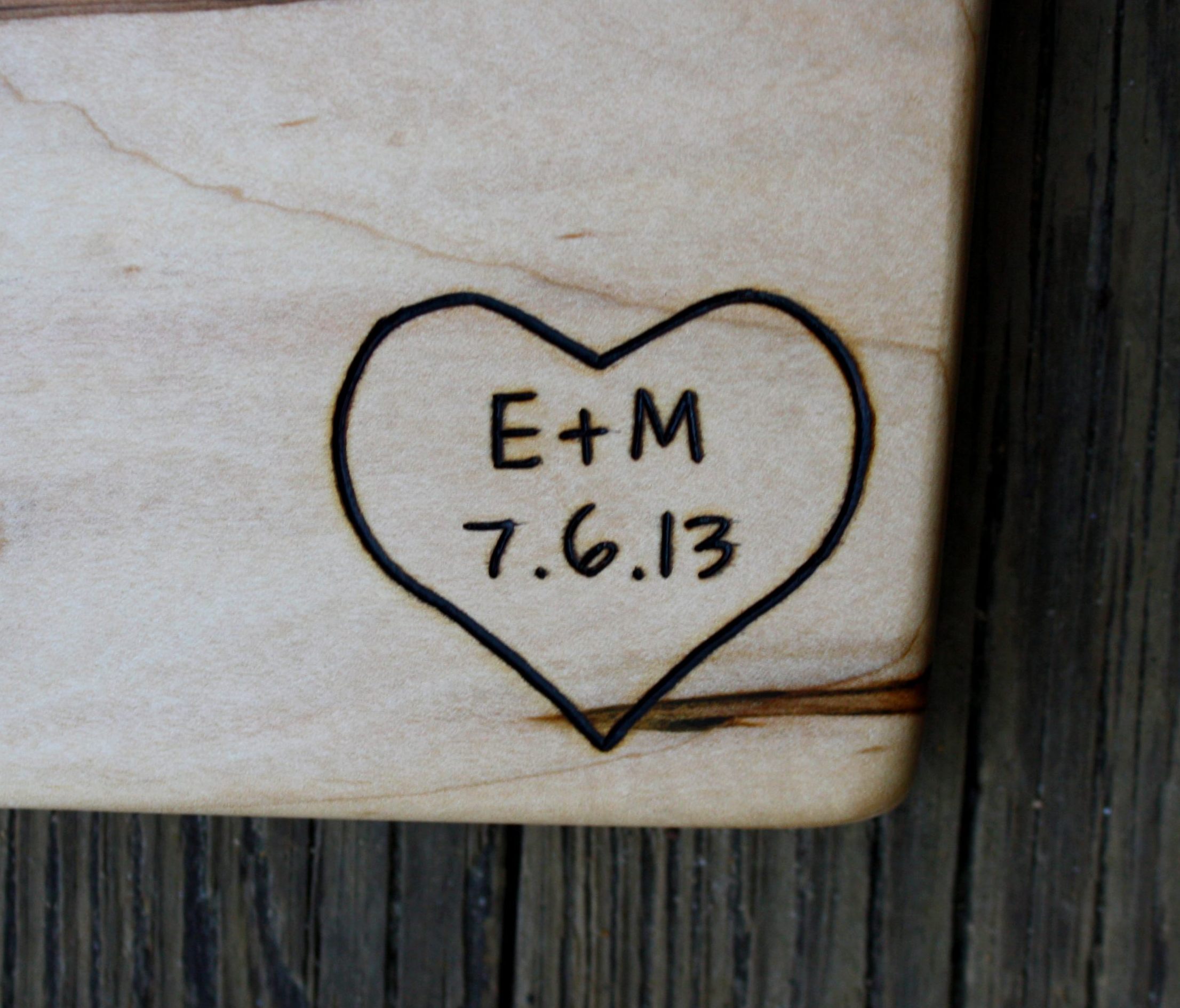 305 heart with initals and date on maple