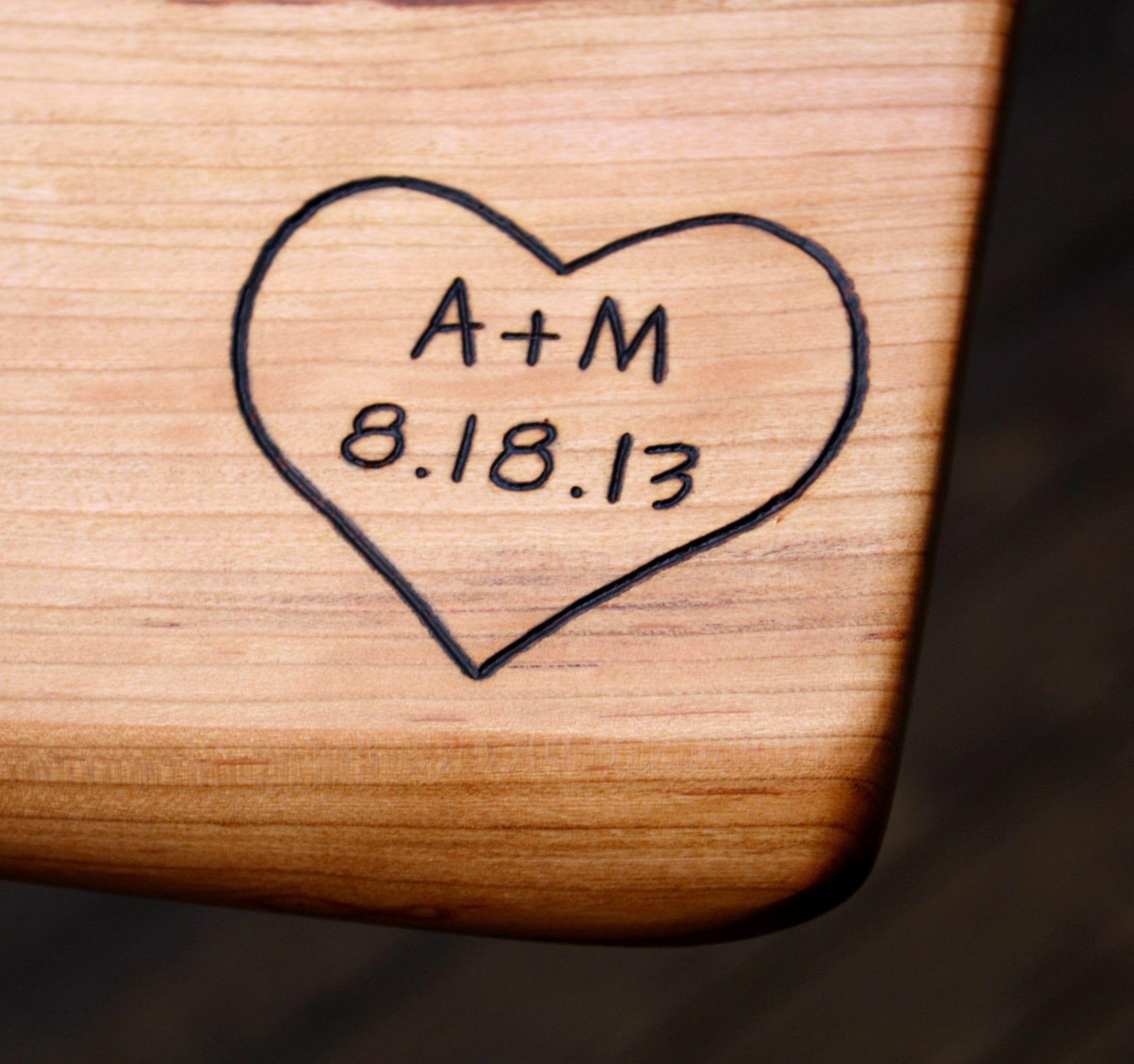 325 heart with initals and date on black cherry