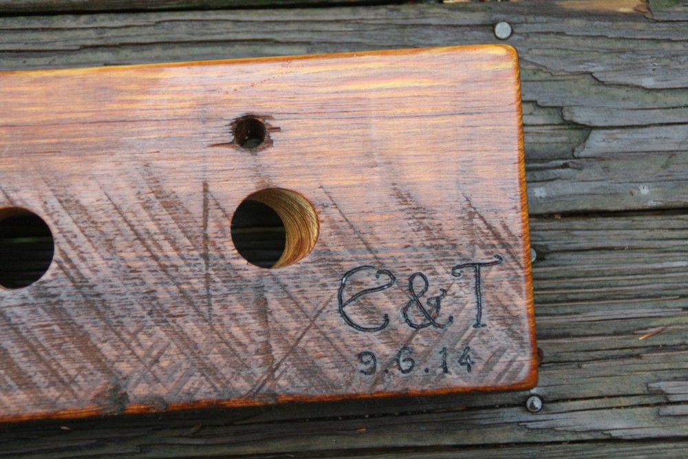 Initials and date on Pine Riddling Rack