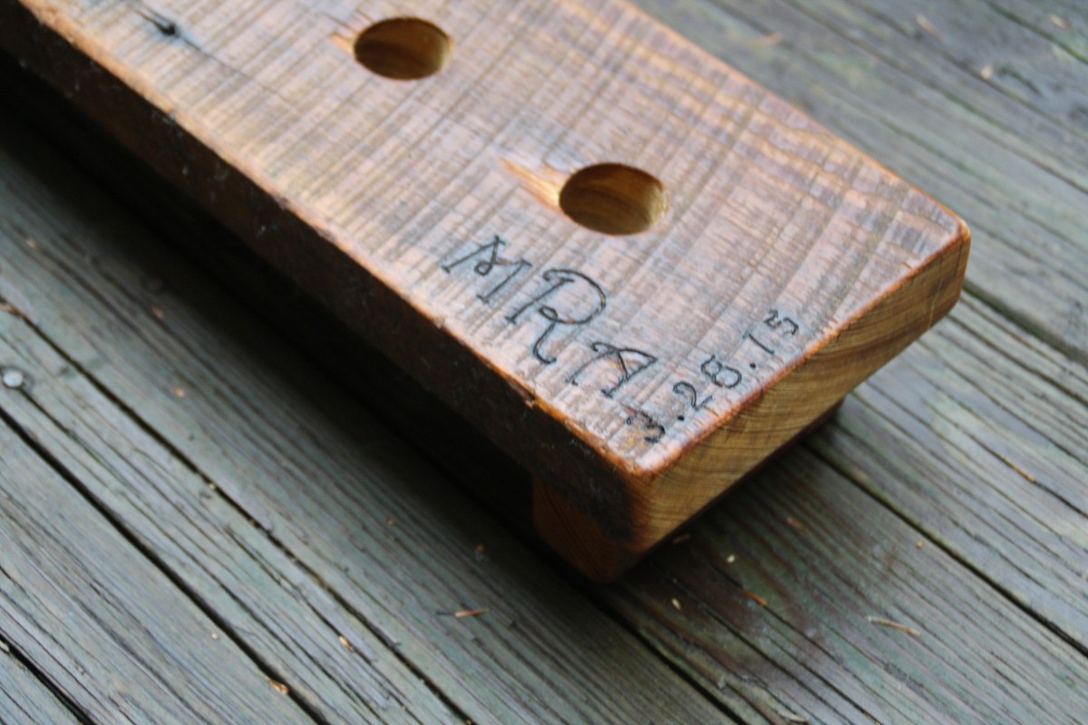 Initials and date on Pine Riddling Rack