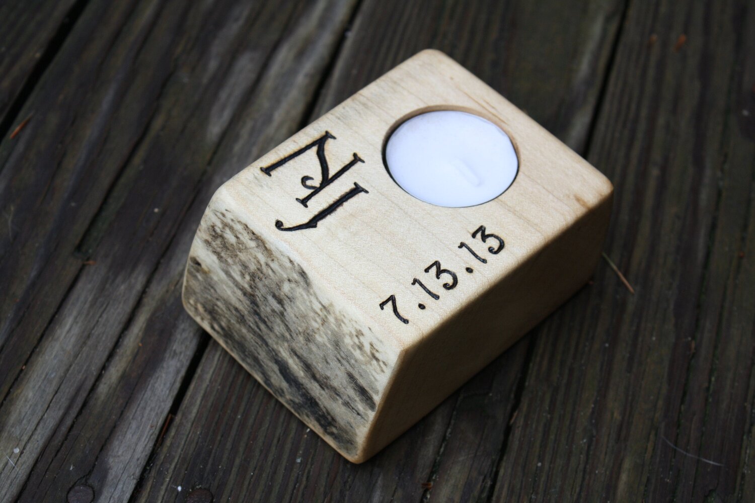 Personalized Tealight Wood Candleholder- Rustic Wood - Engraved